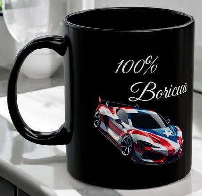 100 % Boricua Sports-car Black Mug 11oz -🇵🇷✨Puerto Rico flag -