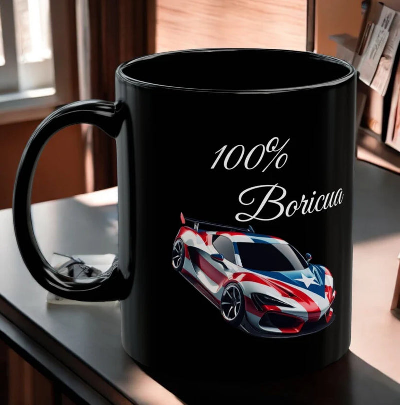 100 % Boricua Sports-car Black Mug 11oz -🇵🇷✨Puerto Rico flag -